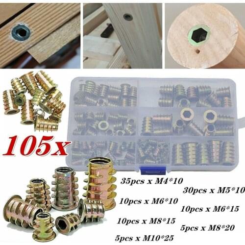 105pcs M4 M5 M6 M8 M10 Threaded Hex Drive Insert Fixing Wood Screw Inserts Nuts Kit Hardware Fasteners Accessories