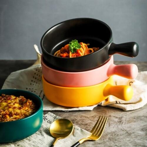 560ml Ceramic Glaze Baking Tray Bowl With Handle Salad Bowls Barbecue Cheese Baked Rice Baking Pizza Pan Round Bakeware Tary