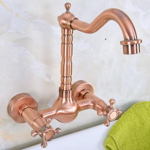 Antique Red Copper Brass Bathroom Kitchen Sink Faucet Mixer Tap Swivel Spout Wall Mounted Dual Cross Handles mnf945