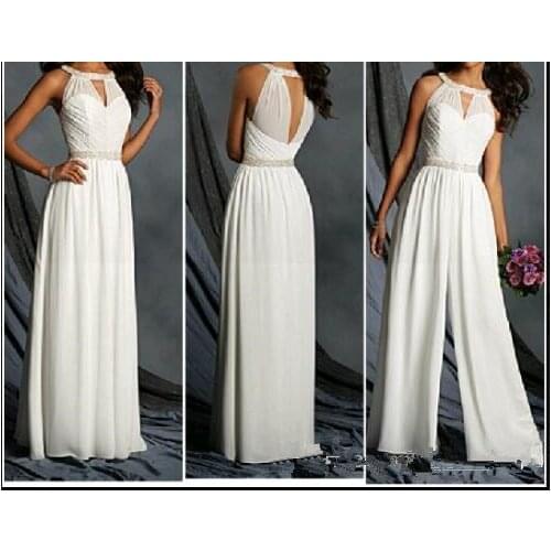 White Bridesmaid Dresses Jewel Neck Chiffon Beaded Long Junior Jumpsuit 2021 Custom Make Maid of Honor Wedding Guest Party Pant