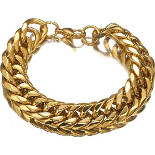 16mm Gold Color Double Curb Cuban Link Chain For Men Biker Bracelet Jewelry 7-11 Inches Stainless Steel Fashion Bangle