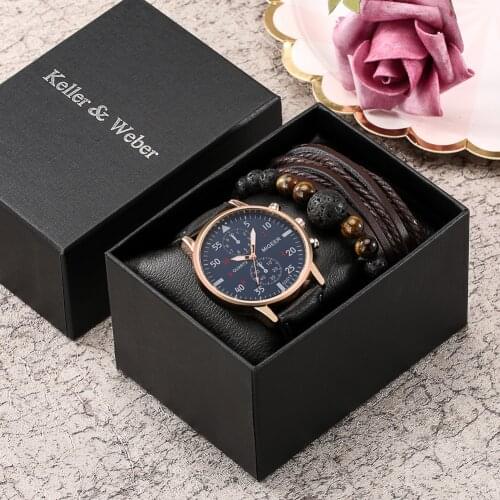 Mens Gift Box Fashion Watch Bracelet Set Quartz Blue Dial Clock Black Leather Strap Adjustable Bracelets Present Gifts for Male