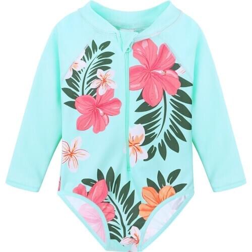 BAOHULU Cyan Children Long Sleeve Bathing Suit UPF50+ Sun Protection Swimwear for Kids Print Flower Swimwear One Piece