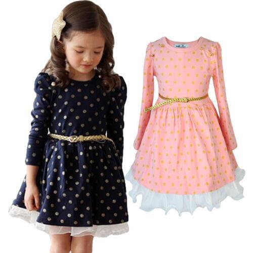 Baby Girl Princess Pink Navy Blue Party Dress European American Style Gold Dot Print Kids Dresses for Girls Clothes Have Belt
