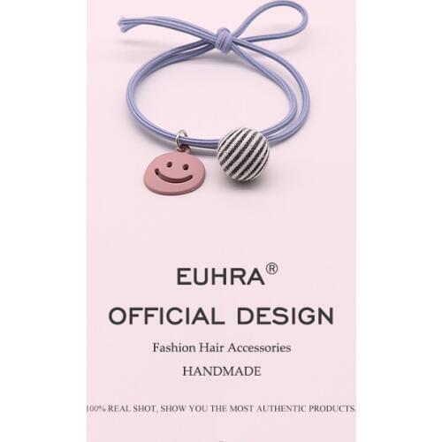 EUHRA 4 Colors Striped Elastic Smile Face and Little Round Ball For Women Girls Hair Band Kid Children Rubber Band Headwear