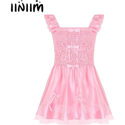 Iiniim Men Adults Sleeveless Ruffled Bodice with Ribbon Bows Stretchy Satin Sissy Lolita Dress Adult Baby Cross Dresser Costume