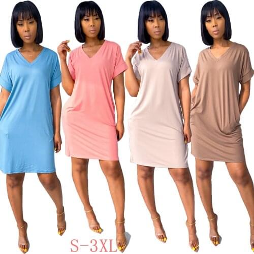Summer V-neck Knee Dress with Pockets Women Casual Short Sleeve Dresses Elegant Streetwear S-3xl 2021 Solid Color Sundresses