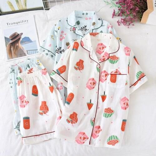 Summer Womens Pajamas Cotton Gauze Thin Loose Sleepwear Short Sleeve Shorts Home Clothes Lapel Print Two Piece Suit Lounge Set