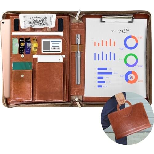 Smart Reusable Notebook A4 Dot Multifunctional Business Files Organiser with Pockets and Card Holders Zippered Leather Portfolio