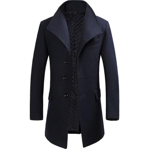 Men Mid-length Slim-Fit Woolen Coat With Stand-collar Solid Color Woolen Coat Casual Solid Coat Men Jacket Style Blends S-4XL