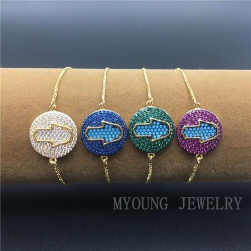 MY1213 Round Micro Pave CZ Zircon Turkish Charm Hamsa Fatima Hand Style Bracelet with Adjustable Golden Chain Jewelry