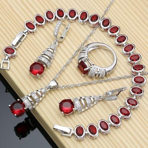 Bridal Jewelry Sets Red Stone Elegant 925 Sterling Silver For Women Earrings Ring Dropshipping Necklace Set Fashion Gift Jewelry