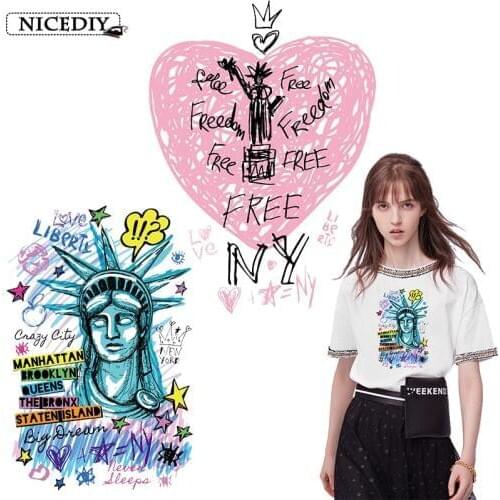 Nicediy Fashion USA Patches Heat Transfer Vinyl Sticker Statue Of Liberty Iron On Transfers For Clothes Applique Washable Badge