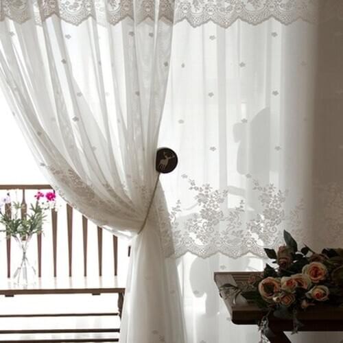 Korean Style Curtains for Living Room and Bedroom White Four Rows of Small Floral Warp Knitting Lace Tulle Curtains Customized