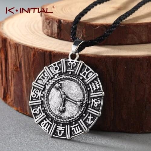 Kinitial Nordic Vikings Runes Amulet Pendant Necklace Charm 12 Zodiac Constellation Runes Necklaces Nordic Talisman Jewelry
