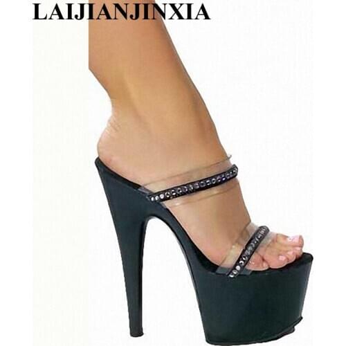 LAIJIANJINXIA Slippers Woman 2018 Sexy Nightclubs High-heeled Shoes 15cm High Transparent Crystal Shoes Wedding Shoes Platform