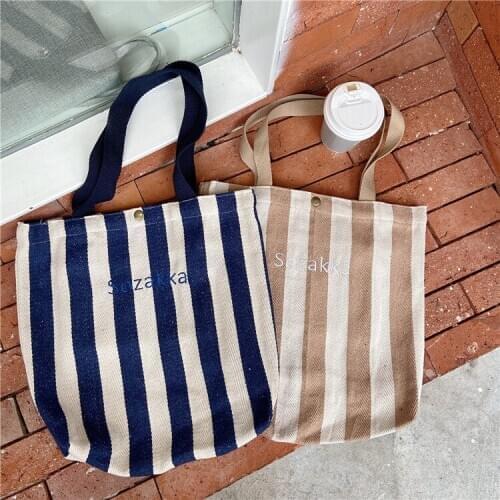 Large-capacity Korean Striped Embroidered Canvas Bag Simple Shoulder Bag Retro Student Casual Female Cloth Bag