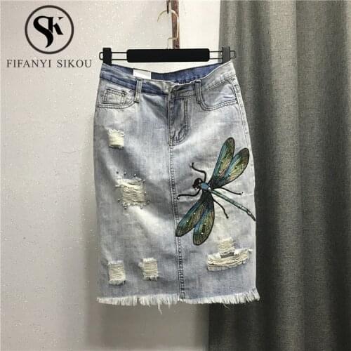 Dragonfly Embroidery Denim Skirt Women Fashion Beading Hole High waist Knee Length Skirt Female Loose A-Line Jeans Skirts 2020