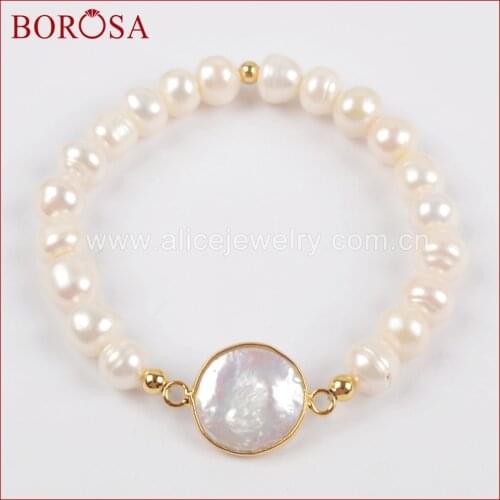 BOROSA Natural Pearl Bracelets Bangles Gold Plating 7-9mm Freshwater Pearl Beaded Bracelet Jewelry Handmade Wedding Gifts G1407