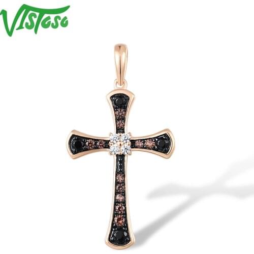 VISTOSO Pure 14K 585 Rose Gold Pendant For Women Sparkling Diamond Black Brown Diamond Cross Pendant Classic Trendy Fine Jewelry