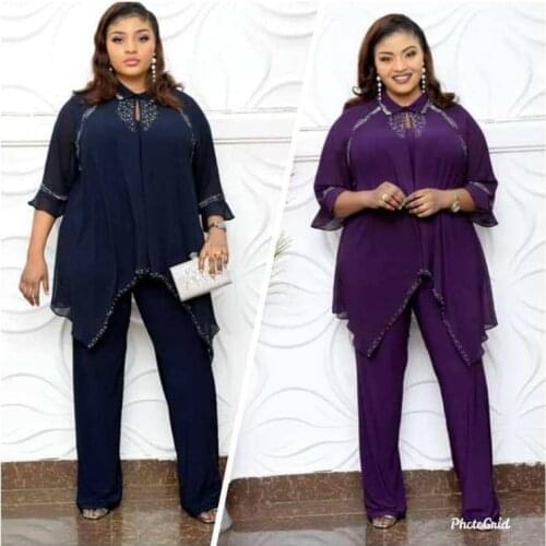 Tilapia 2021 African OL Style Chiffon Loose Women Suit Beading Patchwork Outfit Plus Size Two Pieces Suit for Lady