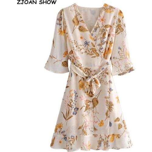 Retro Women Grass Flower Print Long sleeve Wrap Dress Sexy Cross V neck Tie Bow Waist Long sleeve Mini Short Dress Holiday