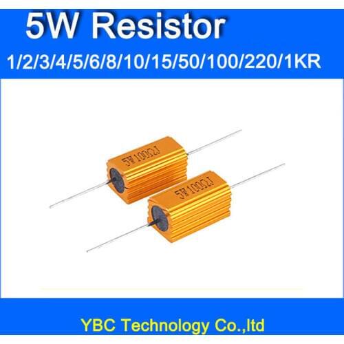 10pcs/lot RX24 5W Watt Power Metal Shell Aluminium Gold Resistor 1R 2R 3R 4R 5R 6R 8R 10R 15R 50R 100R 220R 1K etc