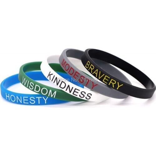 100pcs Human Virtues Bravery Modesty Kindness Wisdom Honesty wristband silicone bracelets free shipping by epacket A