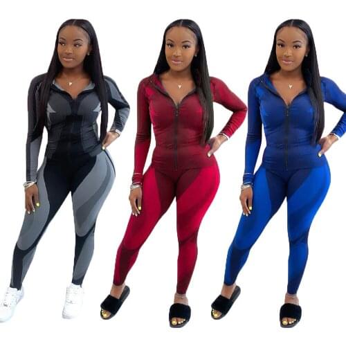 12CM780 Autumn Winter Women Outdoor Casual Sports Print Zipper Two Piece Set Top and Pants Tracksuit Sweatsuit JoggersOutfits