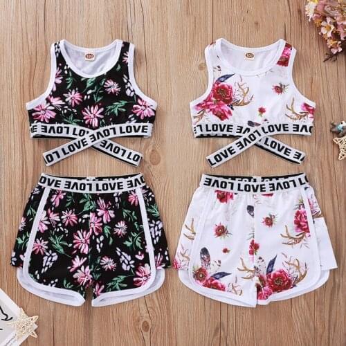 Kids Clothes Girls 2pcs Bandage Vest Tube Tops+Shorts Floral Kids Suits For Children Fashion Clothing Tracksuits