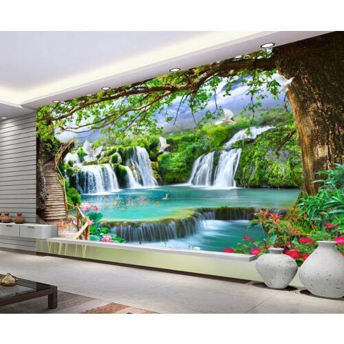 3D customize wallpapers for bed room Big tree forest waterfall 3d wallpaper photo mural Background wall