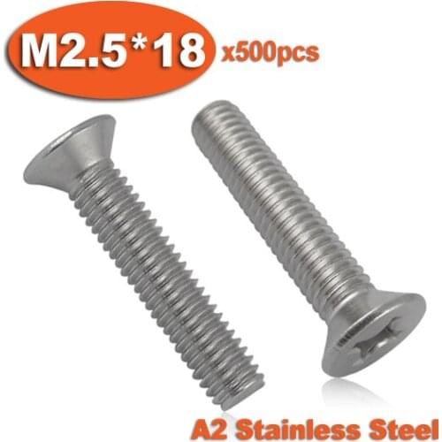 500pcs DIN965 M2.5 x 18 A2 Stainless Steel Screw Cross Recessed Countersunk Flat Head Screws