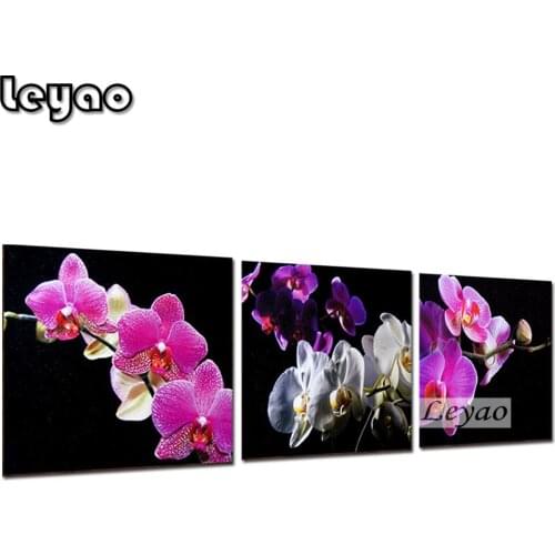 Full Diamond Embroidery Flowers Diy Diamond Painting Triptych Purple Orchid 3d Square Round Drill Mosaic Icon Paste Full Crafts