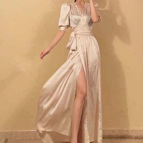 Satin Dress Puff Sleeve Printed Sheath Long Women Dresses With Sashes High Waist Split Female Party Vestidos Fashion Outfits