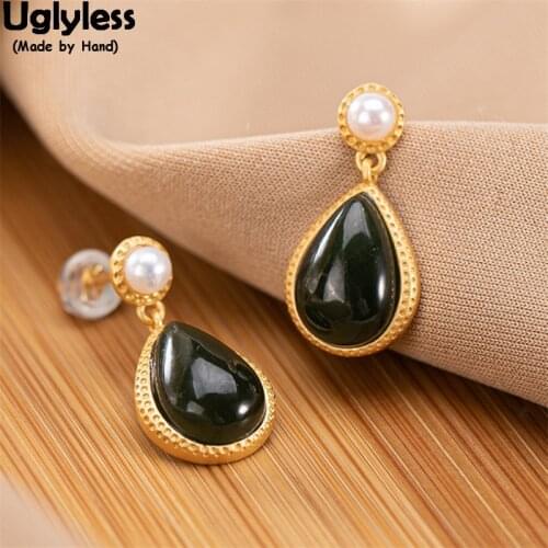 Uglyless Real 925 Silver Elegant Lady Water Drop Jade Earrings for Women Natural Pearls Gemstones Earrings Gold Jasper Brincos