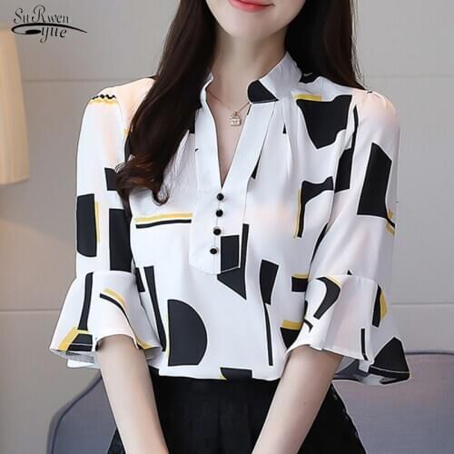 Blusas Plus Size Women Tops and Blouses 2021 Print Chiffon Blouse Nice Blouse Shirt V Collar Fashion Womens Clothing New 0113