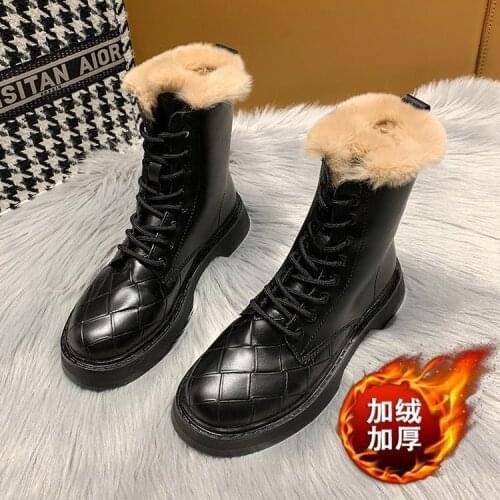 2020 new round head Faux Plush front lace up Martin boots
