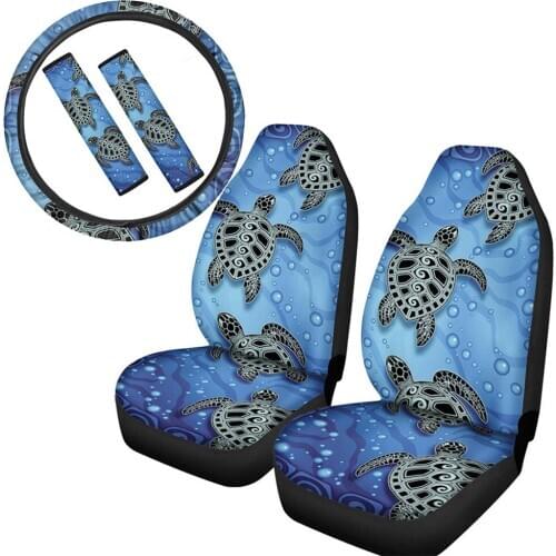 INSTANTARTS Sea Animal Turtles Stylish Print Car Interior Seat Covers Sturdy Steering Wheel Cover Set Automotive Seat Belt Cover
