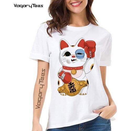New women summer white casual Fortune Boxer Cat Lucky Champion funny anime tshirt short sleeve Cute girl streetwear t shirt
