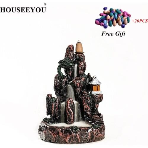 HOUSEEYOU Backflow Incense Burner Chinese Traditional Mountain and Temple Landscape +20Pcs Cones Waterfall Candle Incense Censer