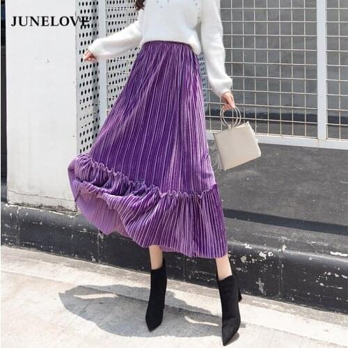 JuneLove Women Autumn Winter Korean Style Long Skirts Vintage Velvet Female Pleated Skirts Casual Street Lady Maxi Skirt Bottoms