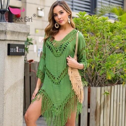 Pocket Girl 2021 Sexy Bikini Pareo Beachwear Women Dress Bathing Cover Up White Cover Ups Tassel Swimwear Summer Bathing Suit