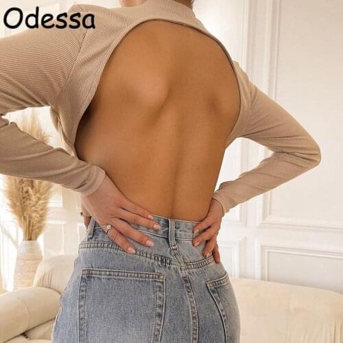 Odessa Sexy Khaki Backless Long Sleeve Bodysuit Y2K Women O Neck Skinny Body Tops Spring Summer Ribbed Bodycon Jumpsuit Fashion