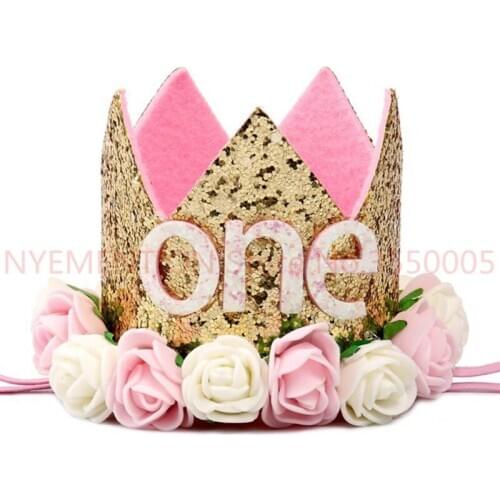 Baby Girl Birthday Party Hats I Am One Caps First Birthday Princess Crown Party Decorations Kids Favors Pink Headband 10PCS