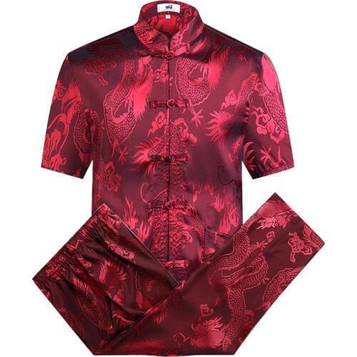 Red Chinese Traditiona Mens Tang Suit Sets Short Sleeve Long Pants Dragon Kung Fu Suit High Quality Silk Casual Sleep Set 2PCS