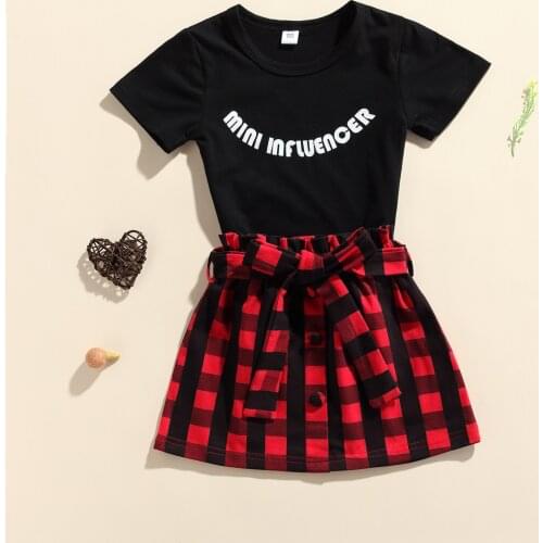 3 Pcs Infant Summer Outfits, Baby Girls Letter Print Short Sleeve Round Neck T-shirt + Plaid Button Skirt + Belt