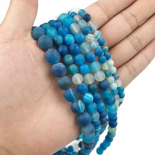 MKTREG Natural Lake blue Matte banded beads Stripe Stone 6/8/10MM Round Loose beads for jewelry making bracelet accessories DIY