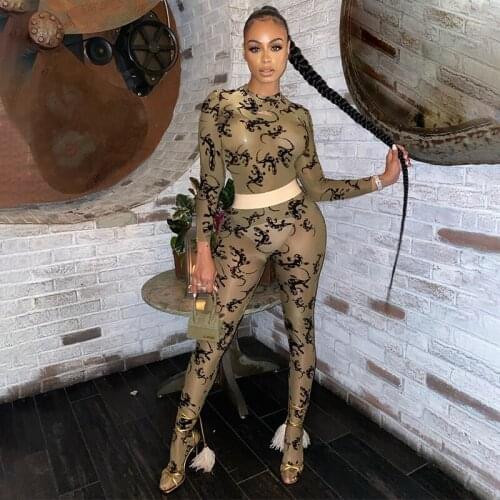 2020 New Mesh See Through Print Two Piece Sets Skinny Sexy Casual Lounge Wear Female Fashion Suits Long Sleeve Autumn Top+pants