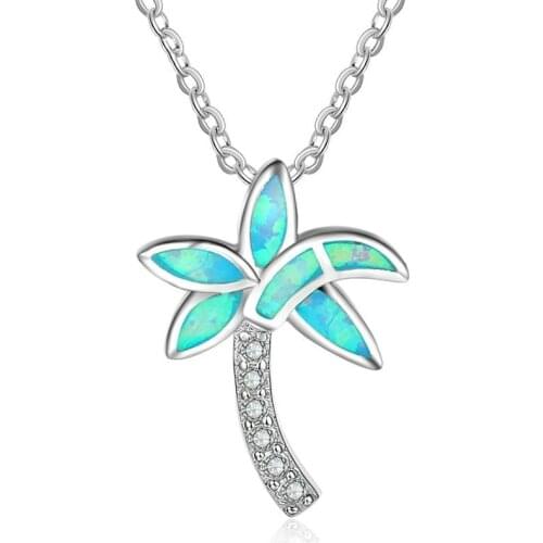 New Fashion Women Necklace Coconut Tree Leaf Fire Opal Pendant Wedding Chain On The Neck Classic Jewelry Free Shipping