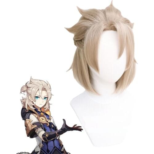 Game Genshin Impact Albedo Cosplay Wigs Light Brown Cosplay Wig Short Braids Heat Resistant Synthetic Hair Halloween + Wig Cap
